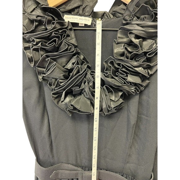 STUNNING Vintage Morton Myles Black Ruffle Neckline Belted Dress Size 12 - Picture 11 of 16